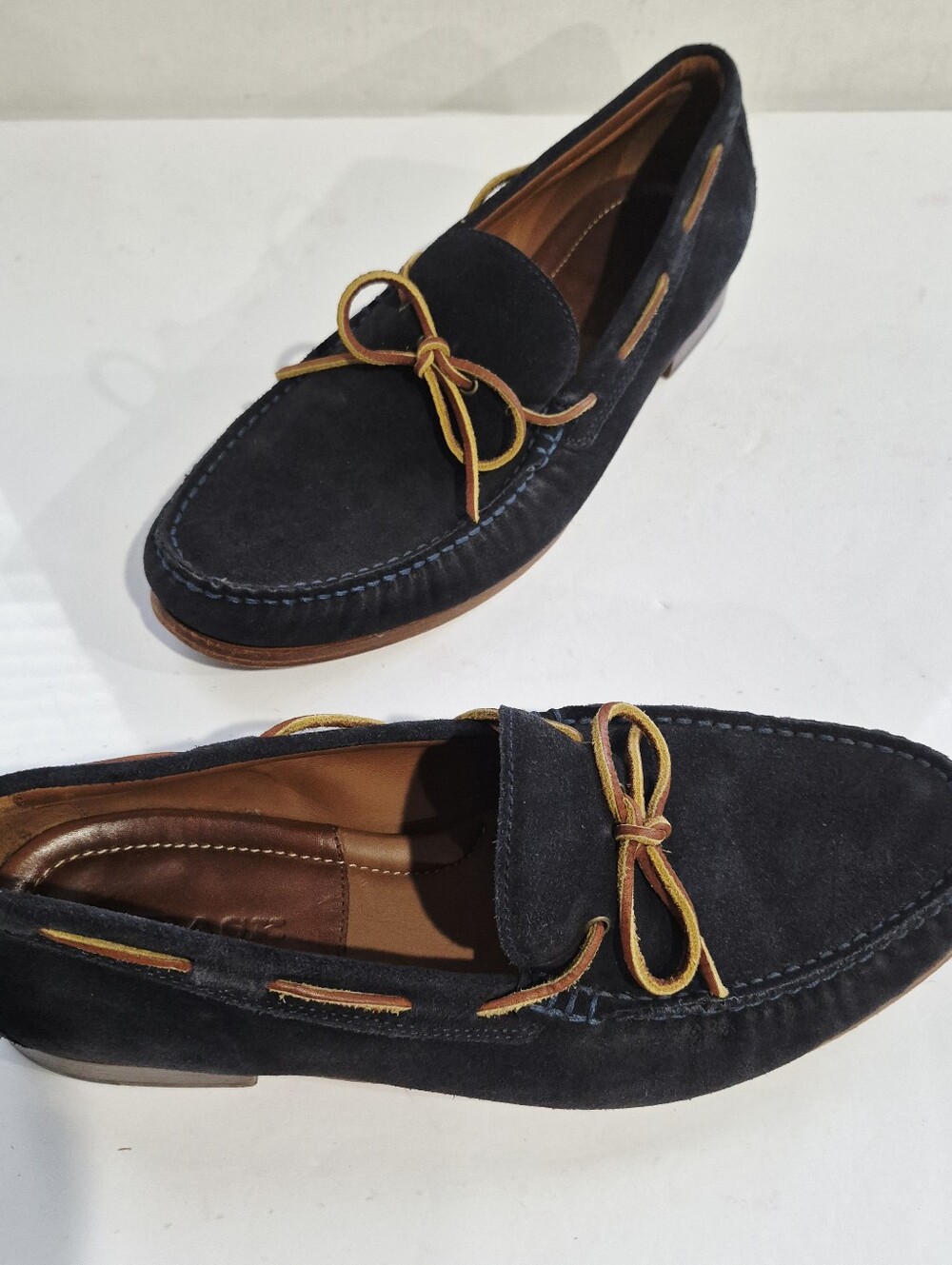 TRASK Men's Suede Moccasin Leather Loafers in Navy Blue with Brown Lace Size 13